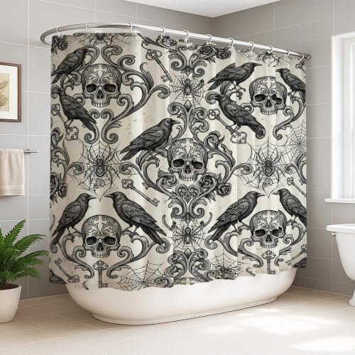 Tenda da doccia extra larga con teschio, gotico vintage, corvo, ragnatela, Halloween, nera, lavabile con ganci, tenda da doccia per bagno, vasca da bagno, appartamento, decorazione per appartamenti