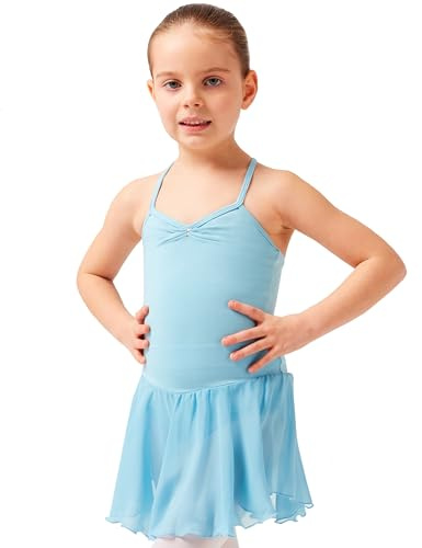 tanzmuster Kinder Ballettkleid Maja - süßer Spaghetti-Träger Ballettbody mit Chiffon Röckchen und Glitzersteinen in hellblau, Größe:104/110