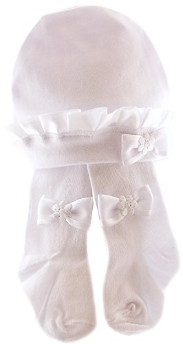 La Bortini Strumpfhose & Mütze Set Tigths & Cap mit Schleife Weiß Taufe (68/74)