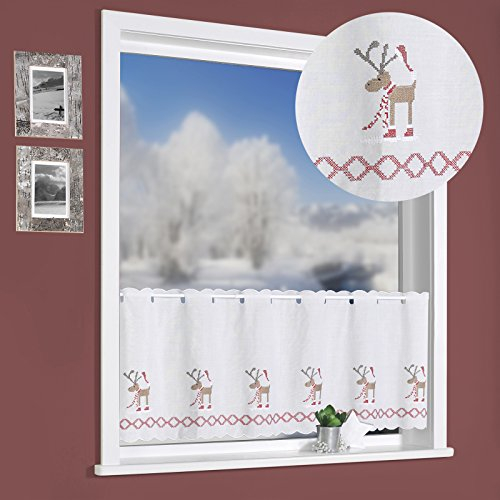 heimtexland Scheibengardine WEIHNACHTSELCH Kreuzstich Stickerei Elche 45x155 cm auf Batist in Natur Panneau Gardine Weihnachtsgardine Weihnachten Bistrogardine ÖKOTEX Typ507