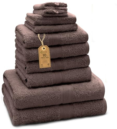 Green Mark Handtuch-Set mit 10 Teilen – 100% Baumwolle – 4 Handtücher 50×100 cm, 2 große Duschtücher 70×140 cm, 2 Gästetücher 30×50 cm und 2 Waschhandschuhe – Schokobraun