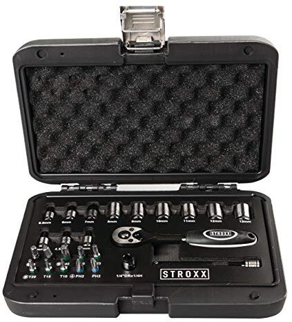 STROXX Bit-Steckschlüssel-Satz 1/4″ 25-teilig - Umschaltknarre mit Kugelarretierung und Druckknopf-Schnelllösefunktion - Verlängerung 100 mm - feinzahn - Stecknuss