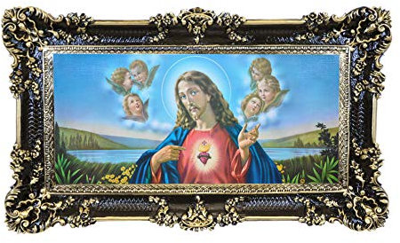 Idea Casa Quadro Stampa su Carta Telata del Sacro Cuore di Gesù Cornice Barocca cm 96x56 (Nero e Oro)