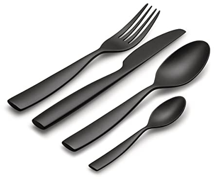 Alessi, Dressed en Plein air MW74S4 B, Besteckset bestehend aus Tafellöffel, Tafelgabel, Tafelmesser, Kaffeelöffel aus Melamin mit Reliefdekor, schwarz.