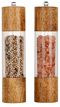 XWXO Premium Acrylic Salt and Pepper Grinder Set, Manual Salt and Pepper Mills- Wooden Shakers with Adjustable Ceramic Core-Salt Grinder and Pepper Mill -8 Inches-Pack of 2