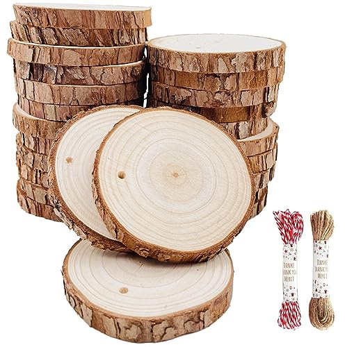 Dischetti Legno Grezzo Diametro 7-8cm 30 Pz Naturale Decorazioni Fette Dischetti Grezzo Rotondo Con 10m Corda Iuta Fai da Te Natale Feste Matrimonio Segnaposto