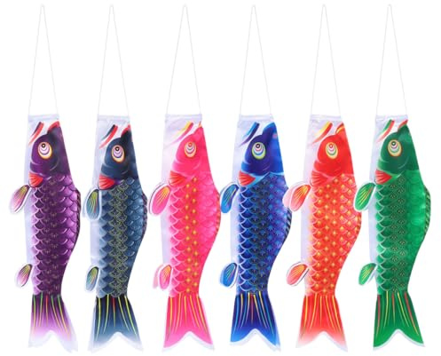 Japanese Carp Windsock, 6Pcs Koinobori Windsock Set, 15.75 Inch Koi Carp Streamer for Outdoor Garden Decor, Japanese Sushi Bar Izakaya Decoration, Satin Fish Wind Sock for Boys Children's Day