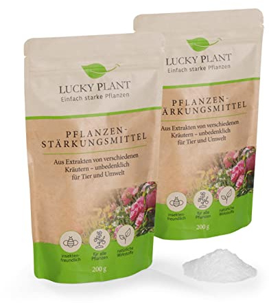 LUCKY PLANT Pflanzenstärkung 2x 200g Pulver Pflanzenstärkungsmittel | Stärkeres Pflanzenwachstum, längere Blütezeit, Zimmerpflanzen, Sträucher, Rasen, Obst, Gemüse, Unbedenklich für Tier & Natur