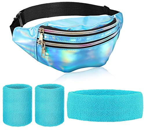 Geyoga Set di 4 Pacchi di Accessori per Costume Anni '80 e '90 di cui Marsupio in Pelle PU Fascia per Capelli e Polsini Antisudore per Feste Retrò all'Aperto e Carnevale