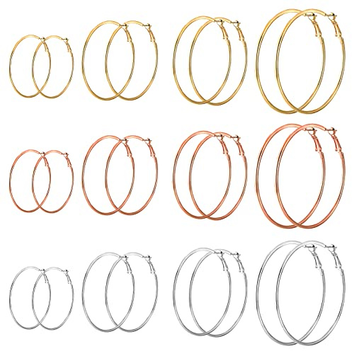 12 Pairs Big Hoop Earrings For Women Girls, Large Hooped Earrings Round Circle Hoop Earrings Huggie Hoops Earrings Statement Drop Earrings Set, Silver, Gold, Rose Gold (30mm, 40mm, 50mm, 60mm)