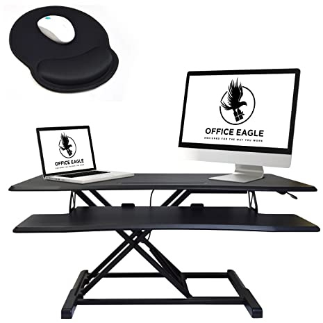 OFFICE EAGLE Schreibtischaufsatz höhenverstellbar - mit Mauspad - Robustes Stehpult höhenverstellbar (​​10-50 cm) - mit Kabel-, Handy- & Tablethalterung