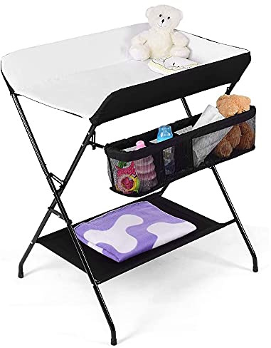 Wickeltisch, faltbar, für Babys, Wickeltisch mit Sicherheitsgurt und Aufbewahrungskorb, Höhe verstellbar in 3 Positionen, tragbare Wickelkommode (79 x 55,5 x 96 cm, schwarz und weiß)