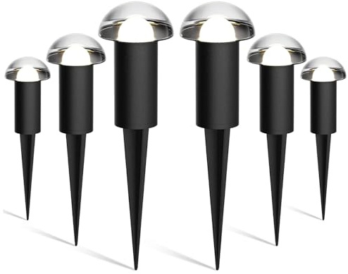 VENUS MANUFACTURING Low Voltage Landscape Pathway Lighting 6PK 1.5W LED Mushroom Lights 35Lumen Wired Walkway Light 3000K Warm White Driveway & Sideway Lights Metal Black Finish with Connector Stake