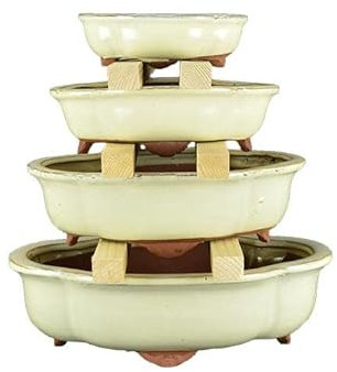 Ovale Bonsaischalen (Mokko-Form) aus weiss glasiertem Steingut (Set mit 4 Stück) ? I1