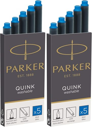 Parker cartouches d'encre pour stylo plume | longue | encre bleue effaçable QUINK | Lot de 10