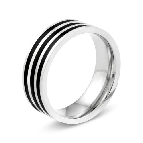 meditoys Edelstahlring mit schwarzen Einlagen, 7,0 mm breiter Herrenring mit silberner Oberfläche, aus Edelstahl, Farbe: Silber und Schwarz, robust und kratzfest
