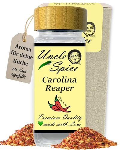 UNCLE SPICE® Carolina Reaper Flocken - 35g schärfste Chili der Welt als Flocken im edlen Gewürzglas - GRINGO KILLER - Chilischoten geschrotet, Chiliflocken im Streuer, 1.5 Mio Scoville, EXTREM SCHARF