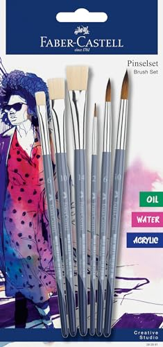 FABER-CASTELL 282891 - Set di 6 pennelli con pennelli tondi e pennelli piatti, pennelli artistici per pittura acrilica, acquerello e olio