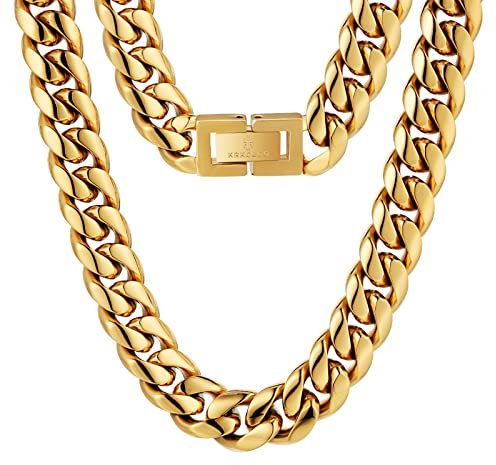 KRKC&CO Herren Panzerkette 14mm, 18K Gold plattiert Edelstahl Cuban Link Chain, Miami kubanische Gliederkette für Männer, Gold Kette Hip Hop Halskette für Jungen Größe 61cm