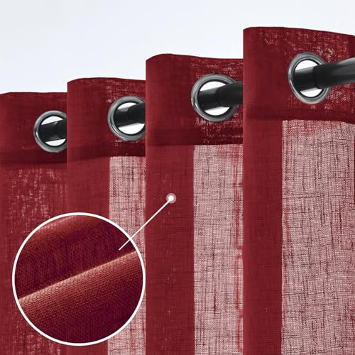 Woaboy Leinen Gardinen Vorhänge Halbtransparente Ösen 2er 140x225cm Weinrot | Leinenoptik und halbtransparentes Gewebe für Wohnzimmer und Schlafzimmer, moderne Stores mit weichem Licht.