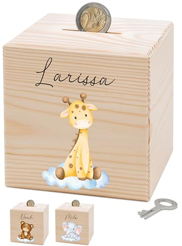 Bärenfreunde® - Personalisierte Spardose Kinder aus Holz mit Metallschloss - Spardose mit Namen mit kinderfreundlichem UV-Druck zum Sparen für Kinderträume (Giraffe Wolke)