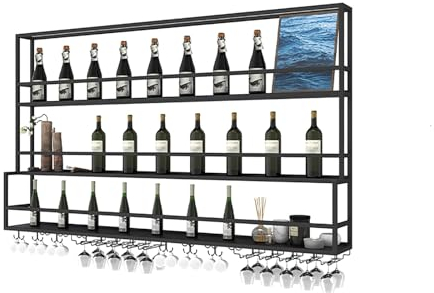 Weinregal Zur Wandmontage Mit LED-Leuchten, Weinregal Palette Eisen Weinregal Für Die Bar, Wand Flaschenhalter Weinregale Flaschenregal Weinglasregal, Für Küche Wohnzimmer Zuhause Keller, Schwarz
