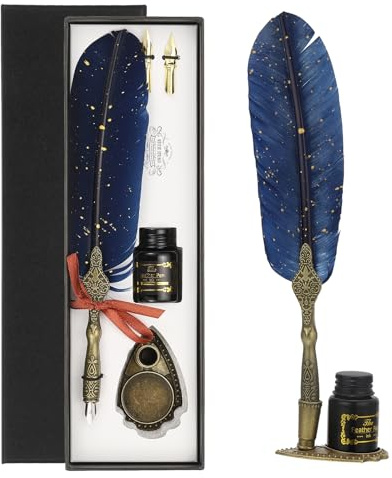 PATIKIL 25cm/10 Geschnitztes Federstift-Set, Vintage Gänsefederstift mit Tintenset 2 Ersatzfedern Ständerbasis für Kalligrafie Schreibfeder Bürogeschenke, Marineblau