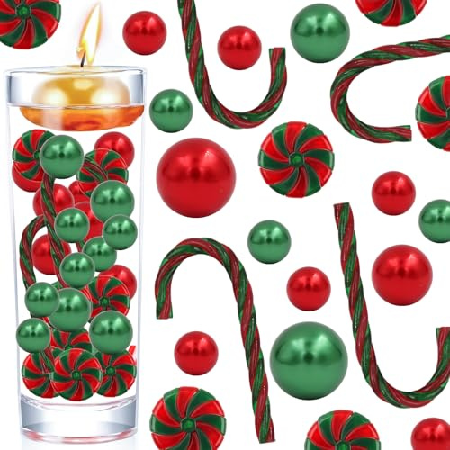 Weihnachtsperlen Vasenfüller, 106 Stück Weihnachtsvasen Füller, Zuckerstangen Weihnachtsperle, Wasserperlen für Schwimmkerzen, Weihnachtsdeko für Wasserperlen Christmas Vase Filler (Rot Grün)
