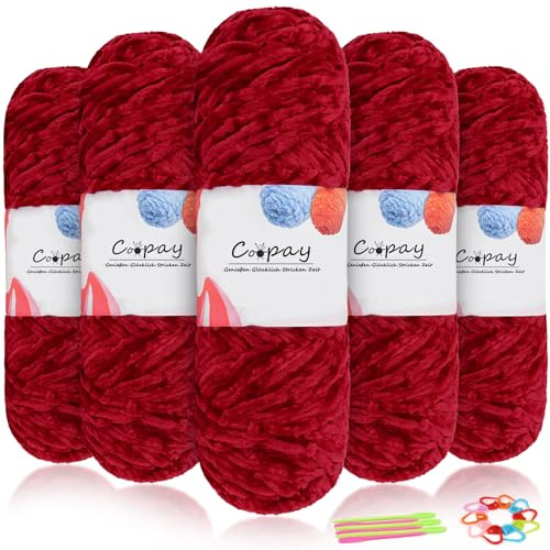 Coopay Lana di ciniglia in velluto per uncinetto, 500 g (5 x 100 g) di velluto di ciniglia, spessa per lavorare a maglia, morbida lana di ciniglia con accessori all'uncinetto, per sciarpe, coperte