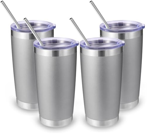 Volhoply 550 ml reseisolerat glas med lock och sugrör storpack 4-pack, dubbelvägg rostfritt stål kaffemugg passar mugghållare, pulverlackerade koppar för varma och kalla drycker, BPA-fri (grå, 4 set)