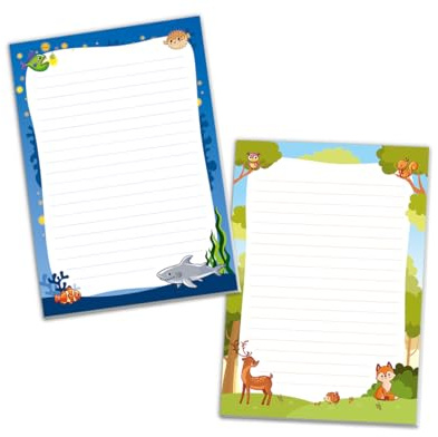 JuNa-Experten Schreibblock Blöcke Kindermotiv Tiere Notizblöcke mit Linien für Mädchen Jungen Briefblock Notizblock liniert 2er Set (2 Blöcke: Hai, Fuchs mit je 25 Blätter in A5-Format)