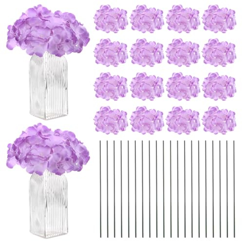 M METERXITY 40-Pz Fiori Ortensia Seta, Fiori Artificiali 40pz Steli, Fiori Ortensia Completi per Decorazione Casa/Matrimonio/Natale/Fai da Te/Party/Giardino[Bordo Viola Profondo Cuore Lavanda]