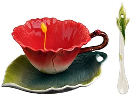 FAJNUZI2024 Tazze Tazza in Ceramica Dipinta a Mano Pastorale Creativa con Smalto colorato, Tazza da caffè a Forma di Fiore con Piatto e Cucchiaio Tazzine caffè