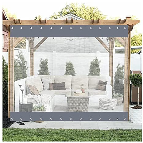 Bâche d'extérieur en PVC transparent gris pour pavillon, porche, ombrage contre le vent et la pluie avec œillets - 1,2 x 3,3 m - Housse d'abri résistante aux intempéries