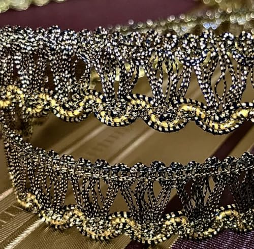 2 Meter Metallisiertes Zierband 1,6 cm breit Farbe Lurex-altgold & schwarz Bordüre Brokat Goldborte Schmuckband Lurexband Spitze für Kissen Kleidung Kostüme Lampenschirme Gardinen DIY Nähen uzw.