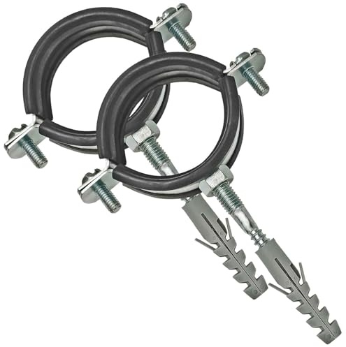 MegaHaustechnik 2-Schrauben-Rohrschellen aus Stahl verzinkt, Set 2 Stück mit Stockschrauben und Dübel, Spannbereich 31 bis 36mm Rohr-Außendurchmesser 1 Zoll, mit Schallschutz, mit M8 Gewinde-Mutter
