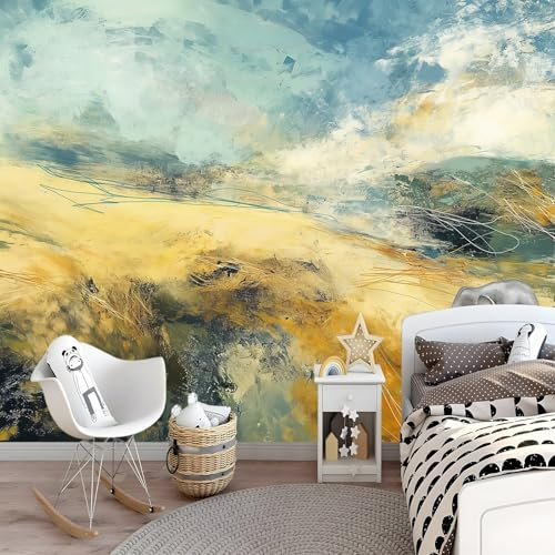 Carta Da Parati 250 x 175 cm Carta Da Parati In Tessuto Non Tessuto Astratto Colline Strutturate Murale Per Soggiorno Camera Ristorante Camera Dei Bambini Decorazione Da Parete Azzurro Chiaro Giallo