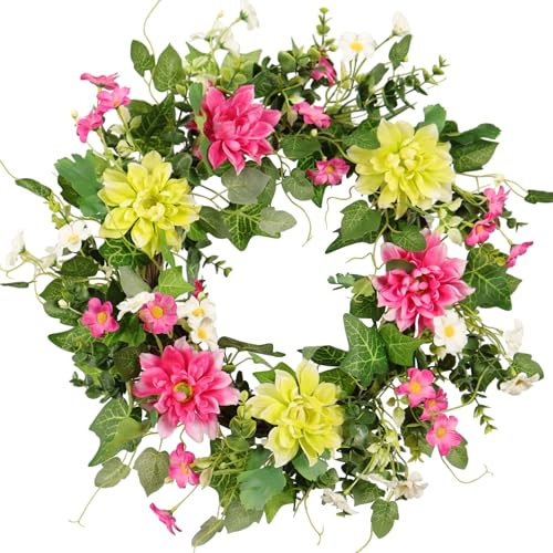 Quixem Künstlicher Dahlien-Efeu-Kranz, 50,8 cm, Rosa, Gelb, Weiß, Grün, Frühling, Ostern, Sommer, ganzjährig, Haustür, Wanddekoration