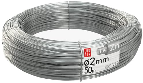 LUN FIX Spanndraht 2mm ca. 50m 1,3 Kg Verzinkt Wildzaun Gartenzaun | Gartendraht Weidedraht Bindedraht Silber Stahldraht Zaun Draht für Maschendrahtzaun Montagedraht Rolle