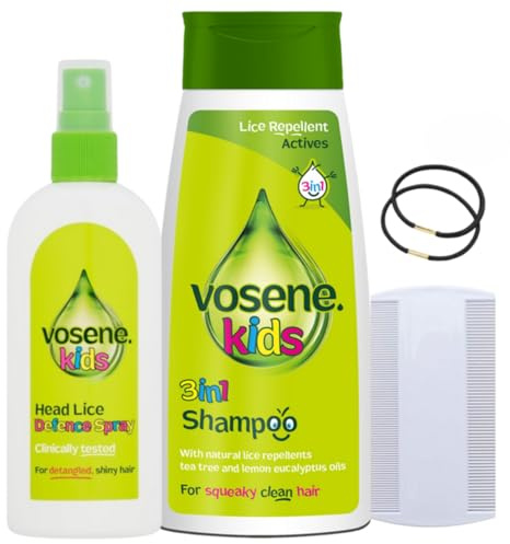 Vosene Kids Head Lice Repellent Treatment Bundle - Vosene Shampoo 3 in 1 250ml & Conditioner Defence Spray 150ml + 1 Nit Comb & 1 Hair Tie for Head Lice Treatment.