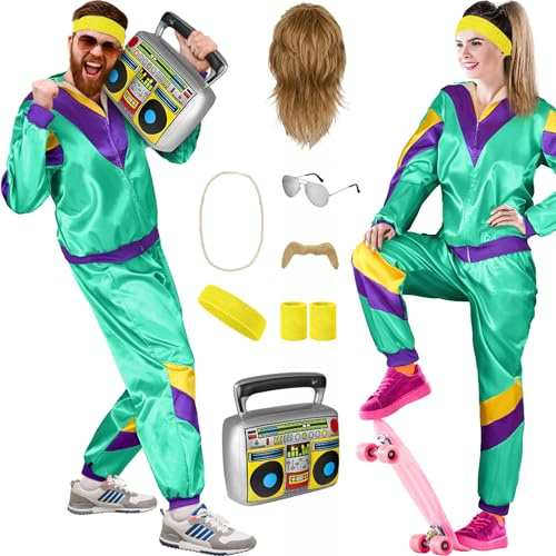 Balinco 80er Jahre Outfit Damen/Herren, Trainingsanzug Karneval Kostüm Set, Vokuhila Perücke, Bart, Kette, Pilotenbrille, Schweißbänder, Ghettoblaster (Mint I Lila I Gelb, M)