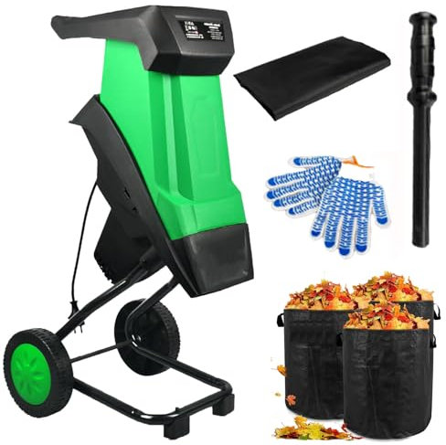 Electric Leaf Mulcher Garden Shredder, 2400w Compost Garden Leaf Crusher with Wheels, Storage Bag, Gloves, 4500rpm Chippers, 39cm Funnel Diameter, for Yard Cleanup, Composting