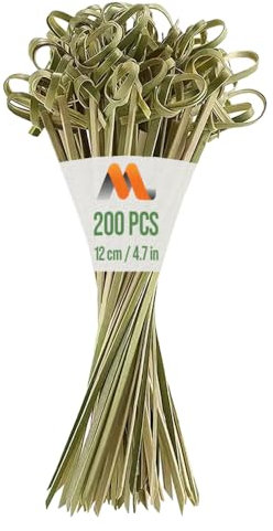 200 Palillos de Cóctel Elegantes con Nudo de Bambú - Pinchos de Madera Decorativos de 12cm - Para Fiestas, Aperitivos, Cócteles, Frutas, Brochetas, Barbacoa (BBQ) - por Mobi Lock