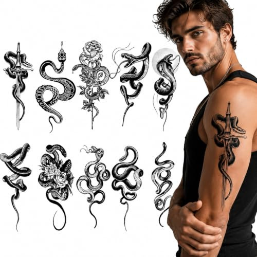 10 Feuilles Tatouage Temporaire Hommes Faux Corps Bras Poitrine épaule Tatouage Imperméables Type de serpent Tattoo Temporaire pour Hommes/Femmes/Filles/Enfants Hallowee (Noir)