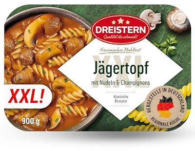 DREISTERN Jägertopf mit Nudeln & Champignons 900g I Herzhaftes Fertiggericht in Mikrowellenschale I Lange Haltbarkeit dank natürlicher Konservierung I Hausmacher Qualität