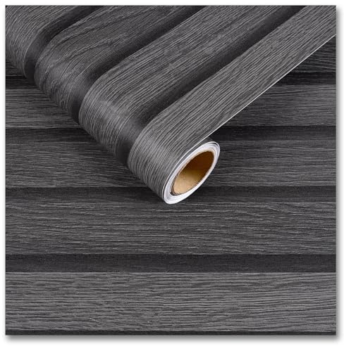 CRE8TIVE Black Grey Wallpaper Wood Effect Vinyl Self Adhesive 30cm x 900cm 3D Wood Panel Effect Contact Paper Kitchen Wallpaper for Bedroom Living Room Waterproof Vinyl Wrap for Furniture Cupboard