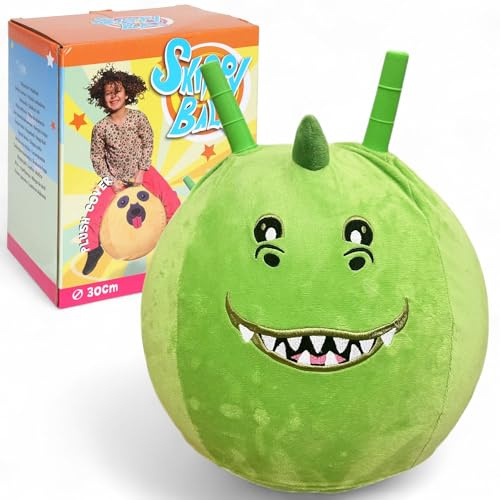 MIJOMA Skippy Ball 30 cm – Palla gonfiabile con viso animale e rivestimento in peluche – Hopper Ball per bambini – Gonfiabile – Morbido e robusto (Dino – Verde)