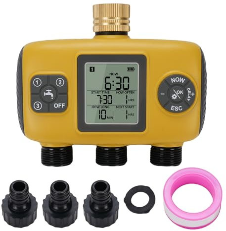 FAFEICY 3 Zone Sprinkler Timer avec Entrée en Laiton, Minuteur D'arrosage Automatique pour Tuyau de Jardin, Contrôleur D'irrigation Programmable avec Retard de Pluie et