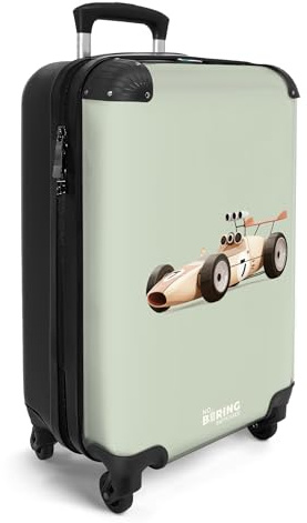 NoBoringSuitcases© Handgepäck Koffer Kinder Reisekoffer Kinderkoffer mit 4 | 55x35x20 cm - Rollen Leicht Cabin Trolley Hartschalenkoffer Flugzeug Rennwagen - Grün - Retro