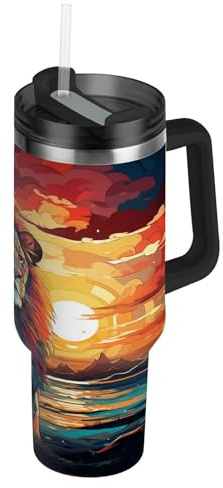 Niigeu Animal Lion Numérique De Dessin Animé Bouteille d'eau Isotherme avec Paille en Acier Inoxydable Gourde, Sans BPA Gourdes Eau pour Enfant Sport Randonnée École Bureau